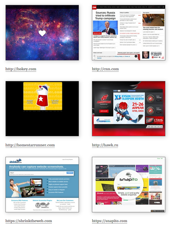 Public display of website thumbnails in 2 columns with urls description.