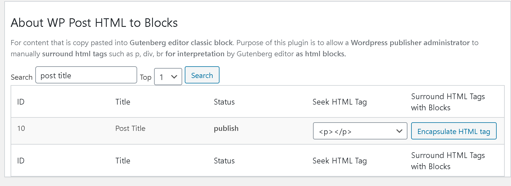 Using this plugin you search for post title select paragraph tags and press encapsulate html tags
