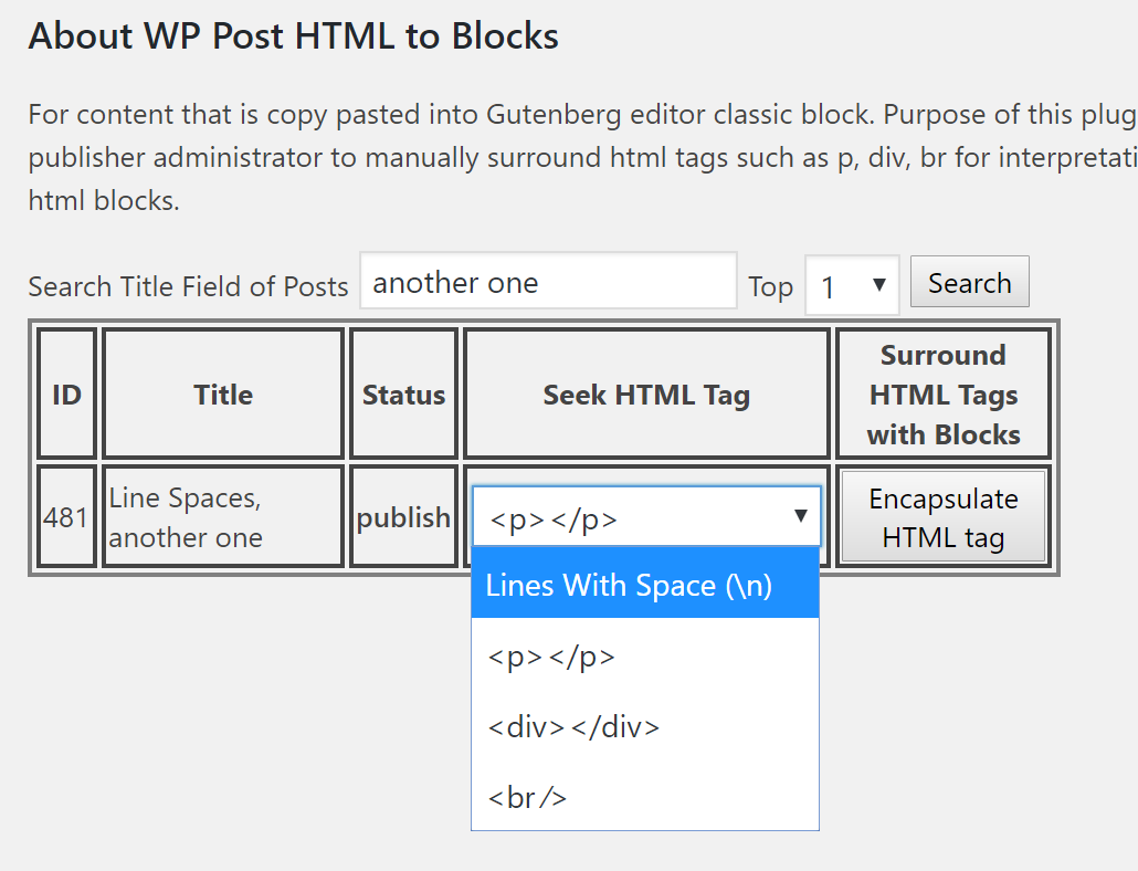 Configuration page selecting a tag for searching through.