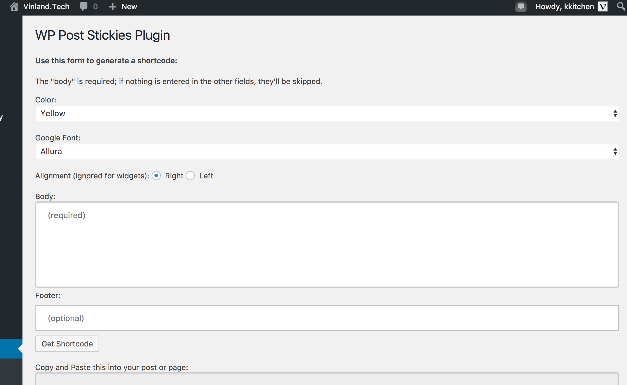 A portion of the WP Post Stickies settings screen.
