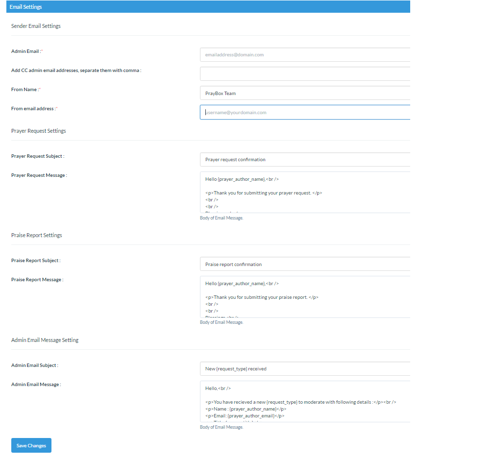 Email Settings page