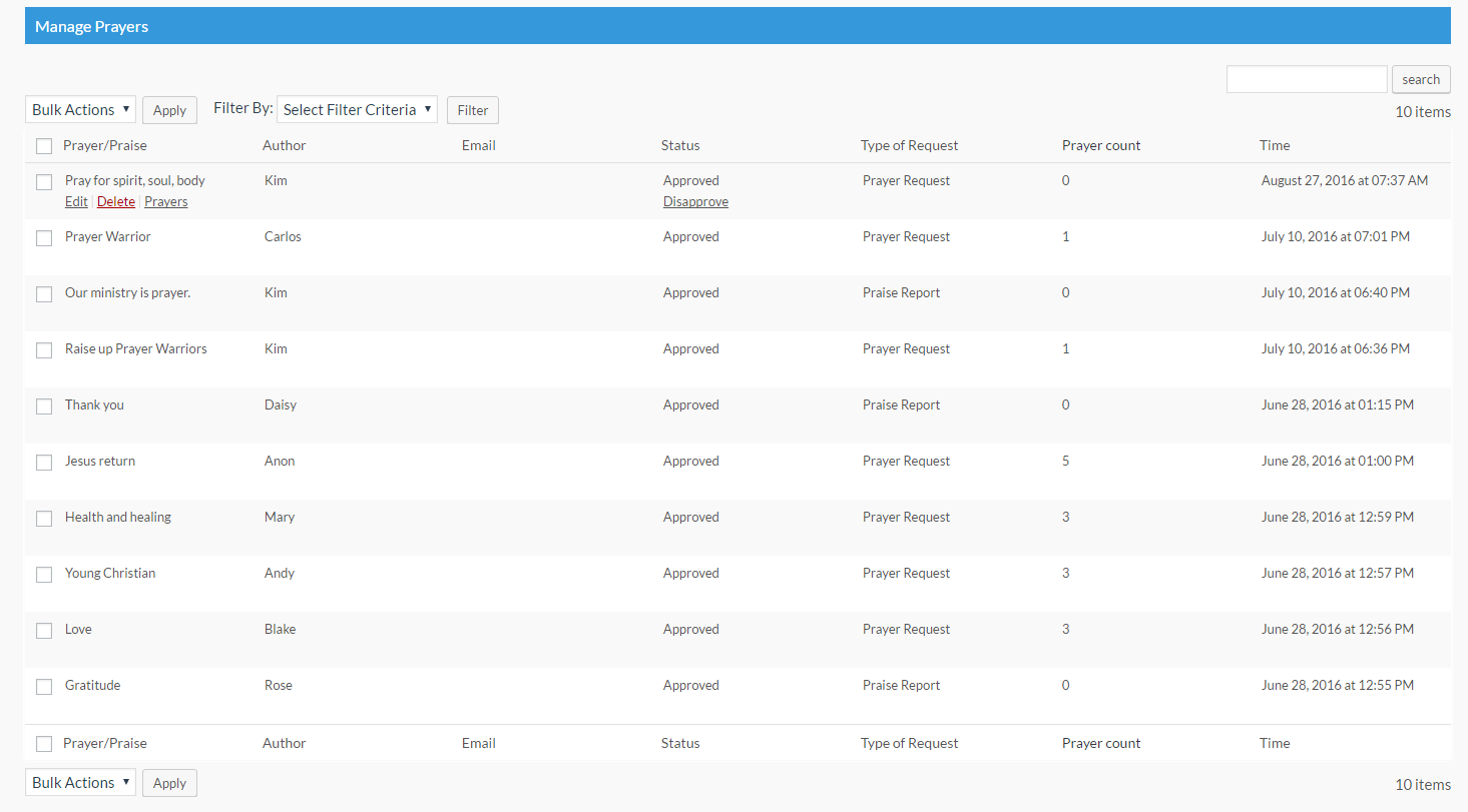 Manage Prayers page