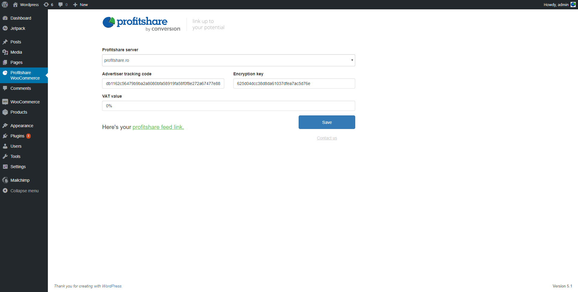 The plugin settings page with available feed.
