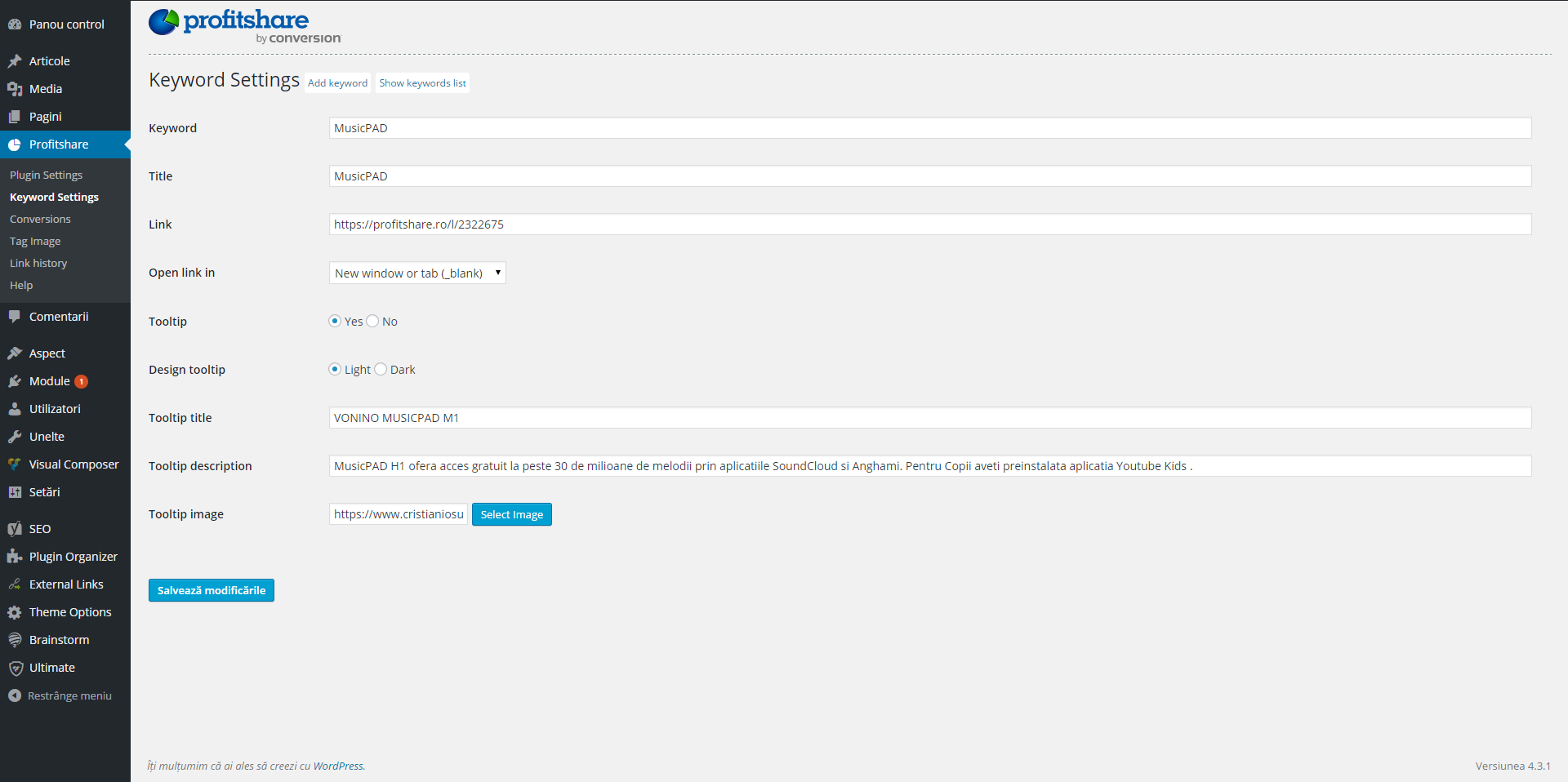 The keyword configuration page.