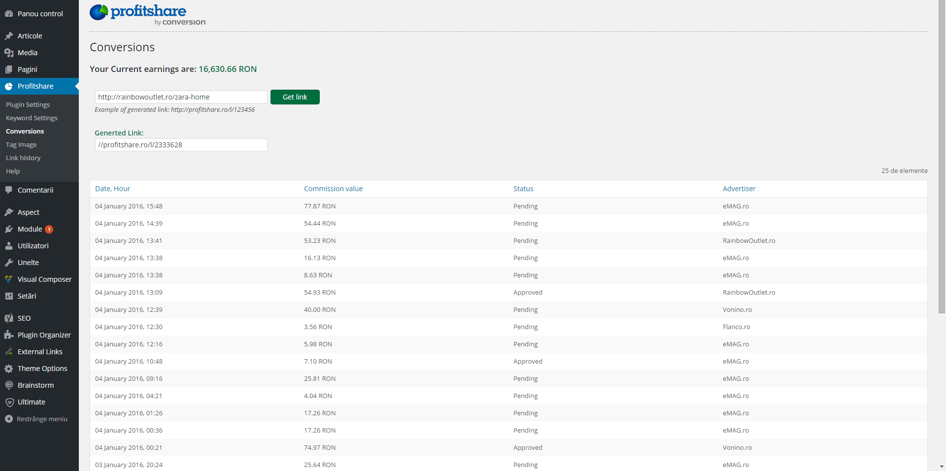 The conversions and current earnings page.