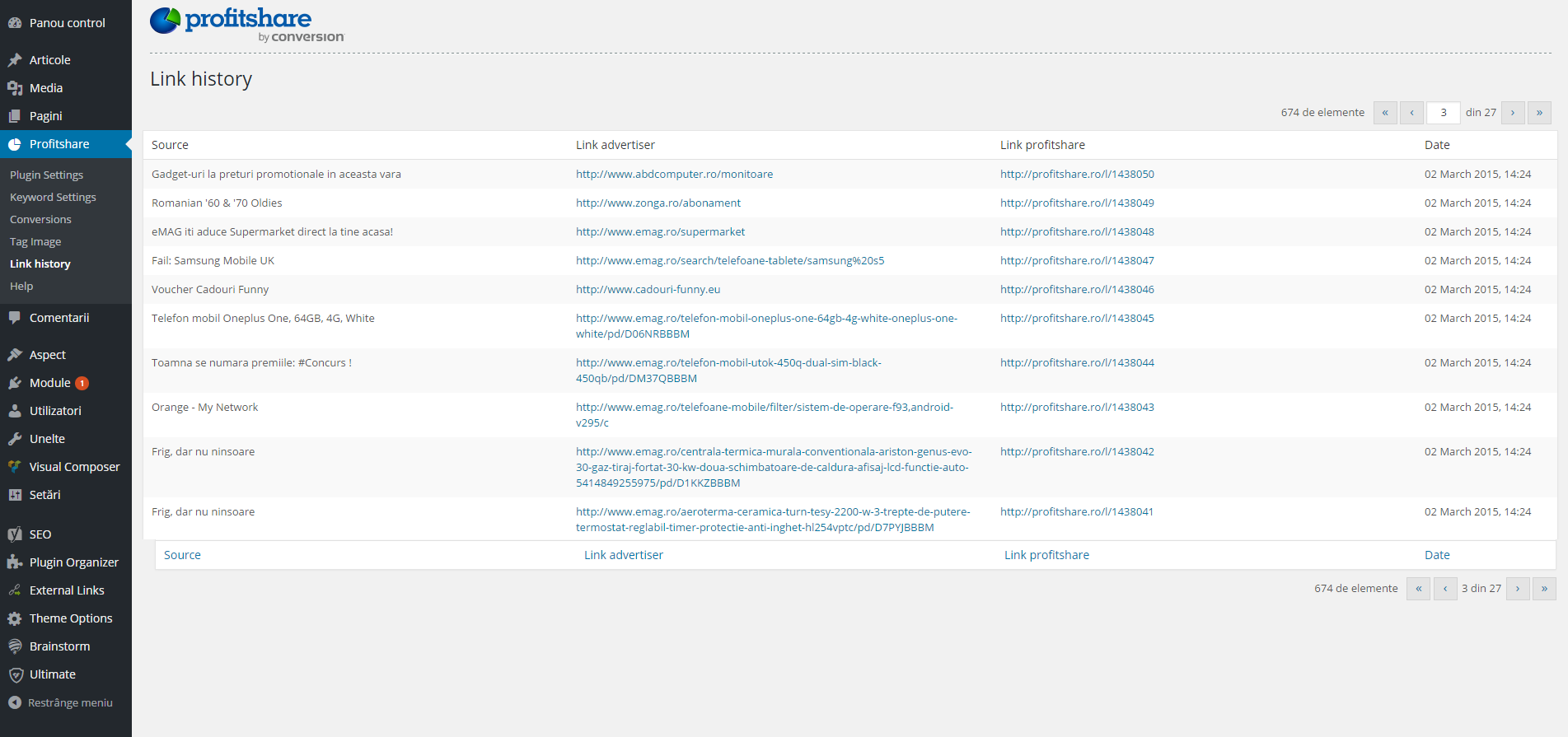 The page where all the plugin converted links are listed.