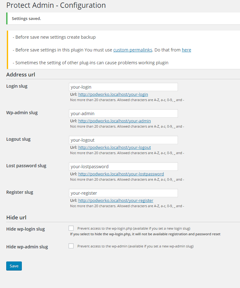 WP Protect Admin - configuration