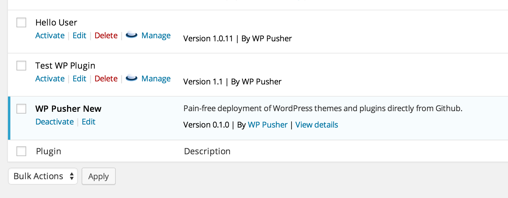 Plugins installed and managed with WP Pusher