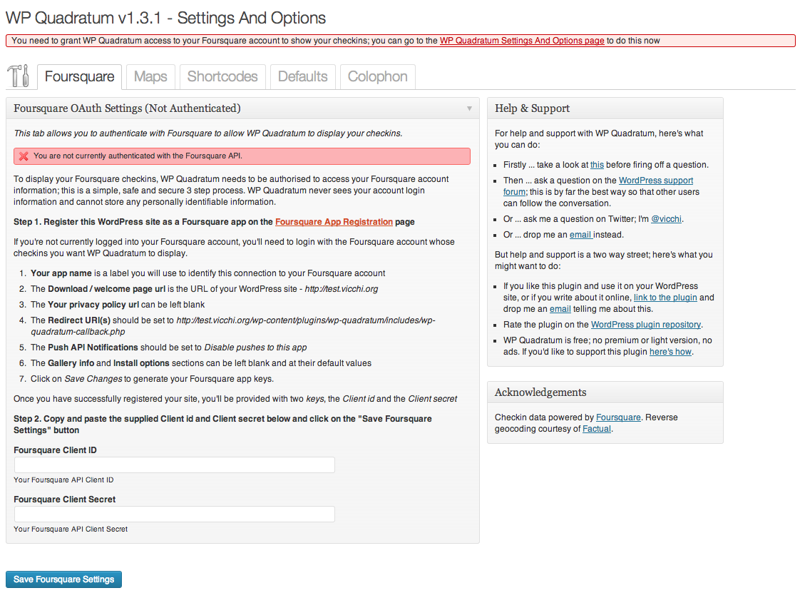 Settings and Options: Shortcode Tab; [wp_quadratum] shortcode enabled