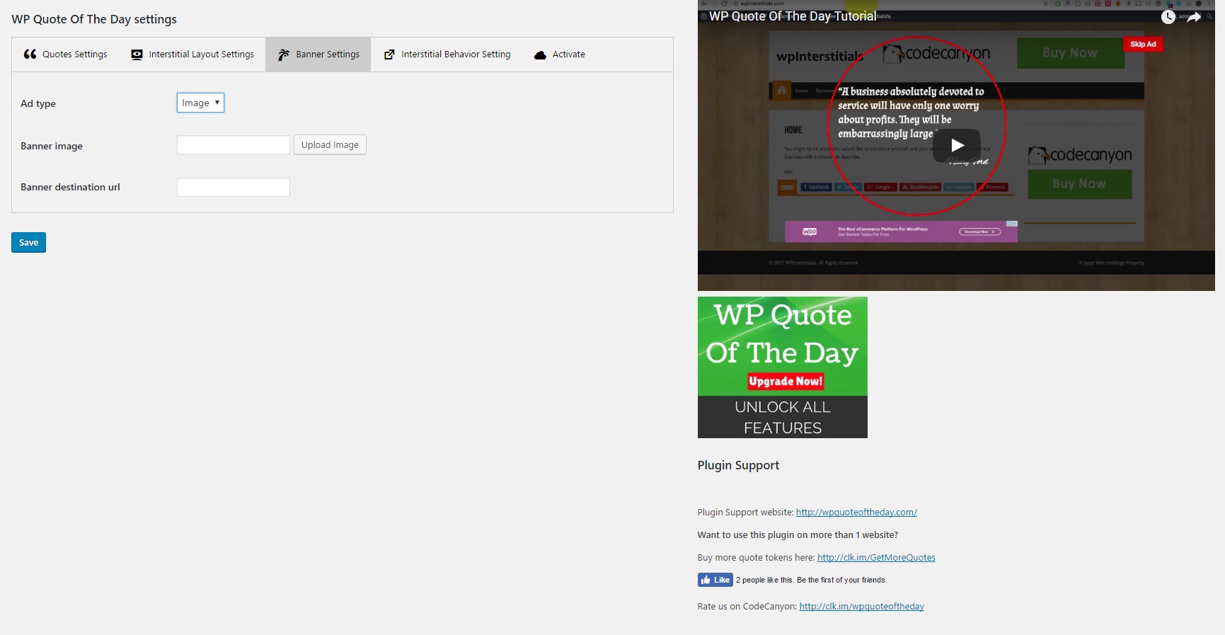 Screenshot of the Banner Setting Tab - Where you would add your AdSense Code or banner and destination URL.
