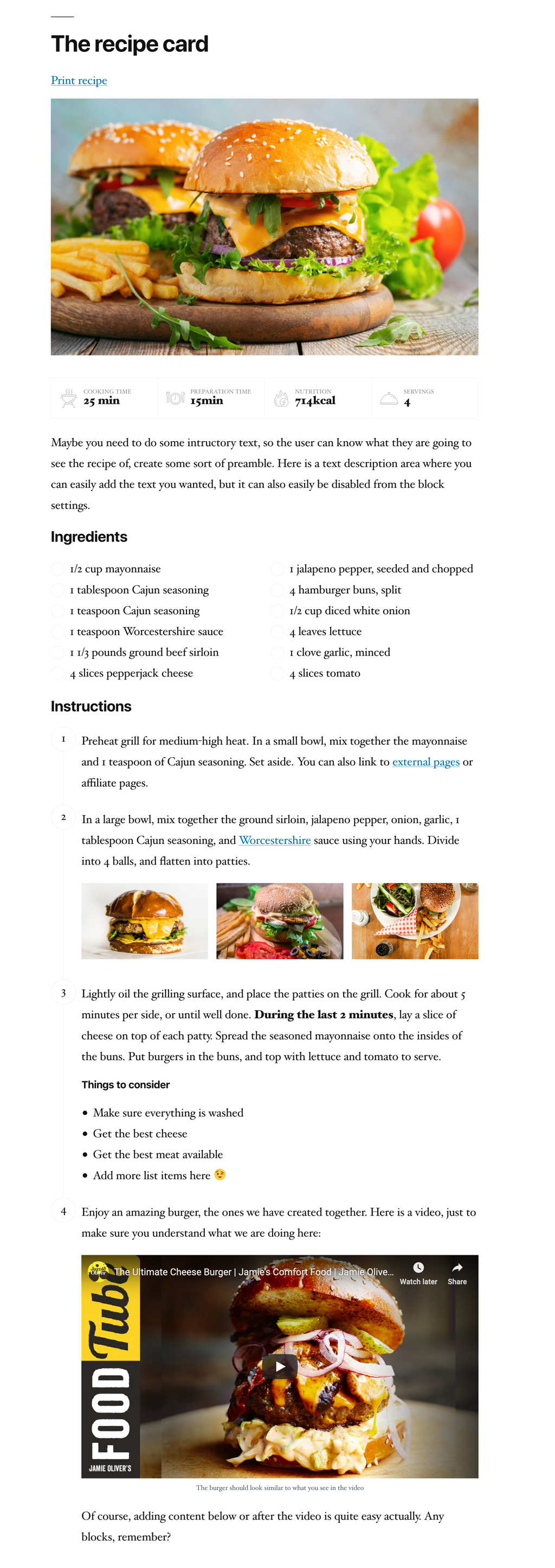 Recipe Block with the Twenty Nineteen WordPress Theme