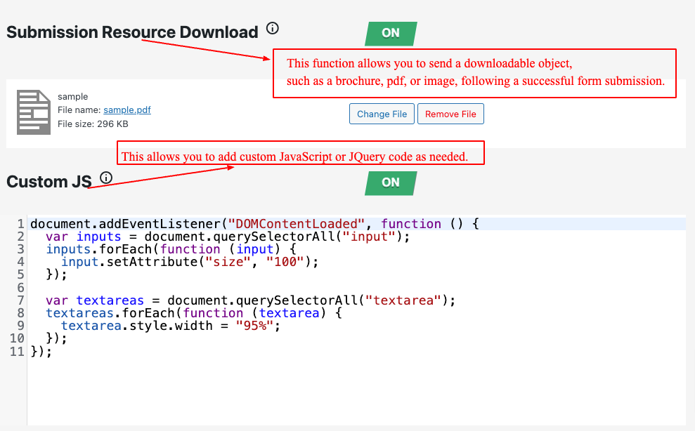 Downloadable File Upload & Custom JS Settings