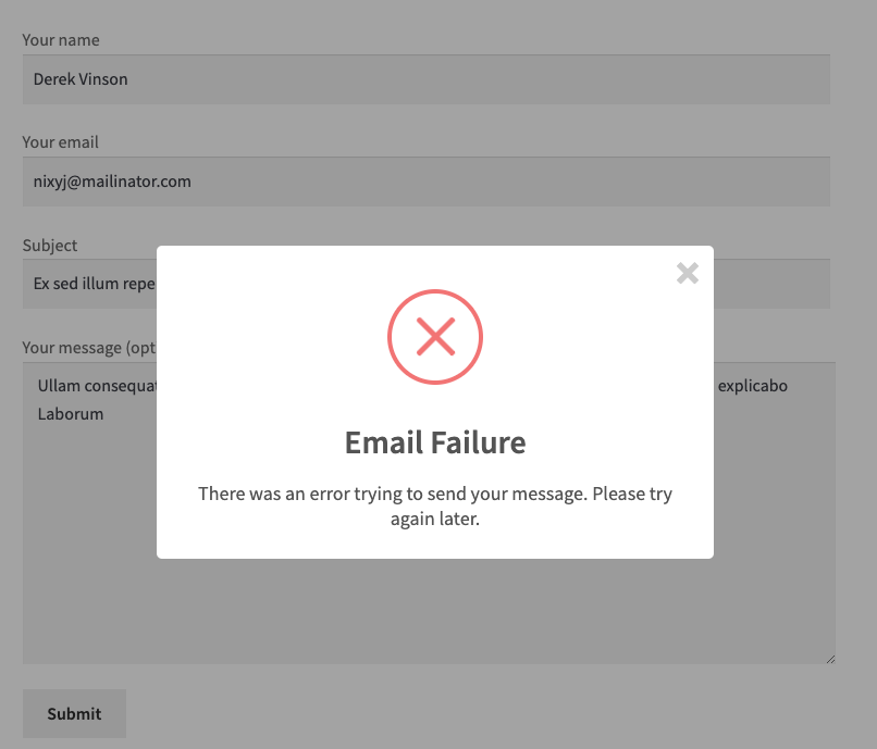 Popup Validation Email Failure