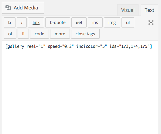Options for single gallery. Reel="1" replaces gallery with reel gallery if above option was not chosen, other parameters conform to JQuery Reel parameters (see [http://jquery.vostrel.cz/reel#syntax](http://jquery.vostrel.cz/reel#syntax)