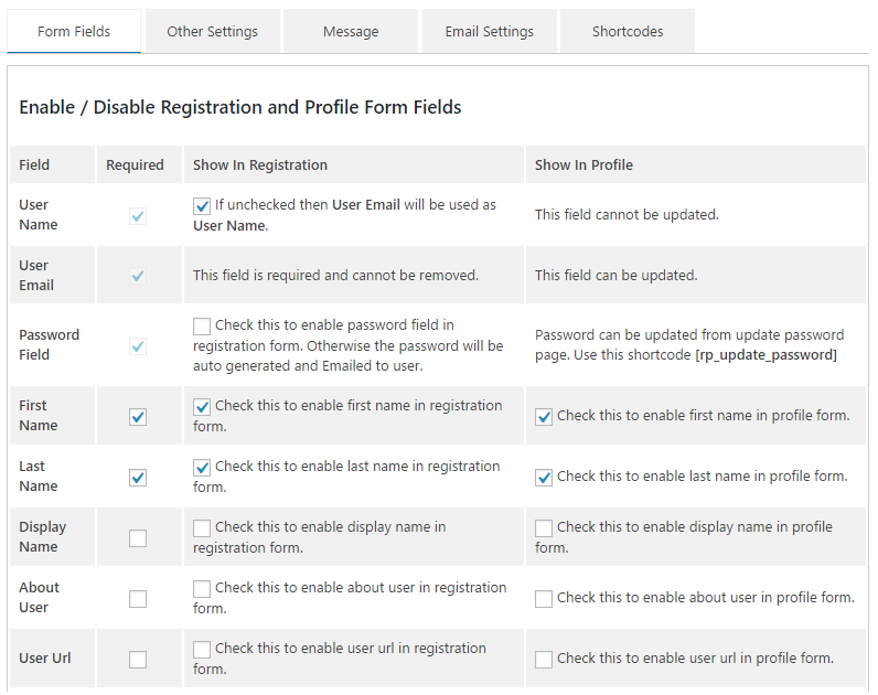 Enable / Disable Registration Form Fields