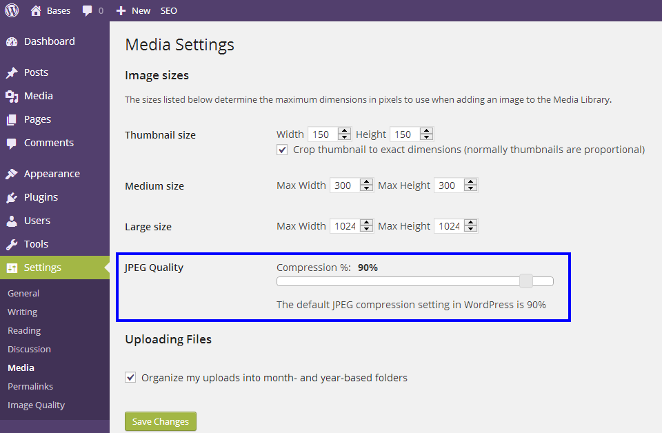 No complicated media/compression interface. Just one slider added to the Settings > Admin page