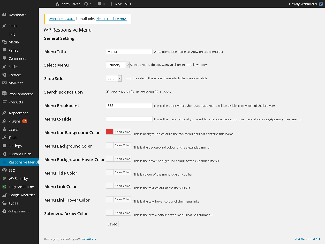 WP Responsive Select Menu - Settings for Responsive Menu.