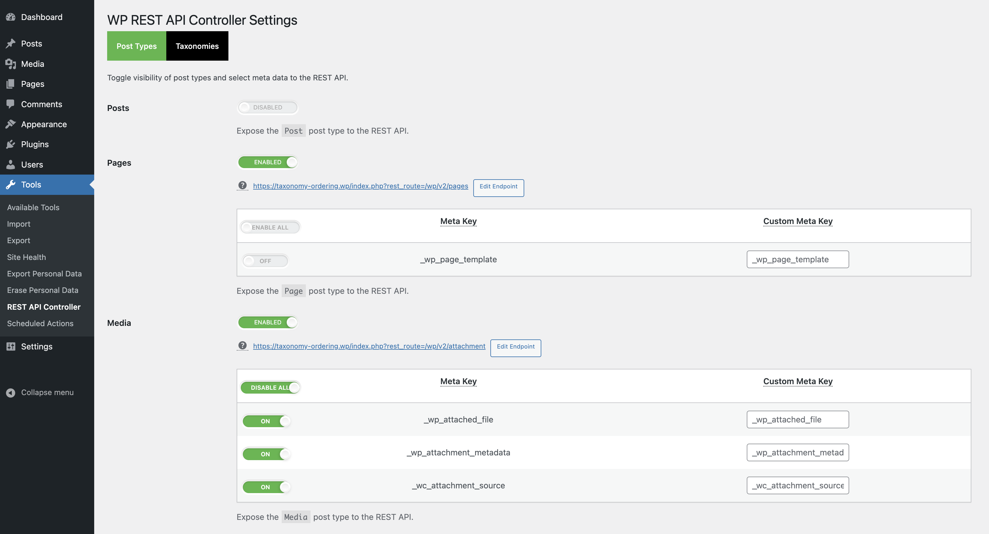 WP REST API Controller settings page.