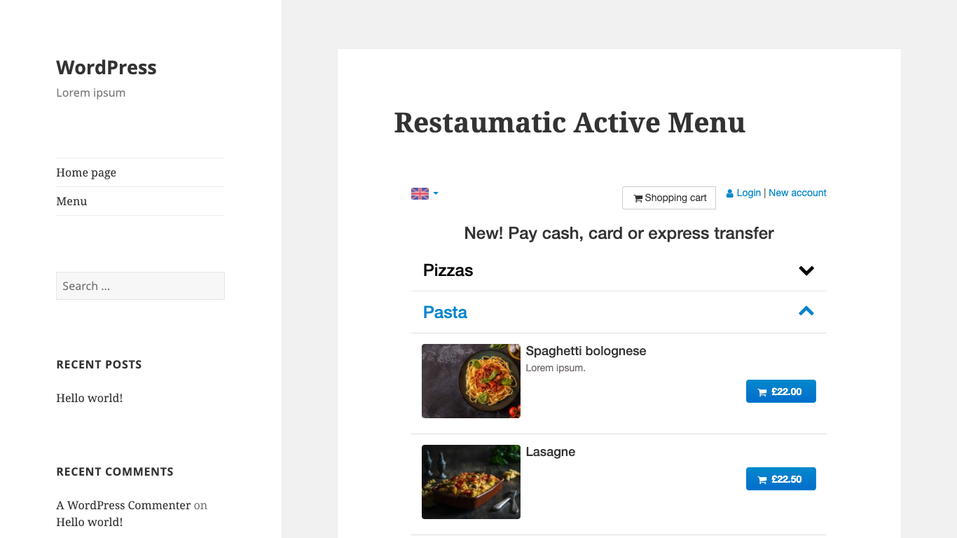 Example Active Menu included on WordPress website.