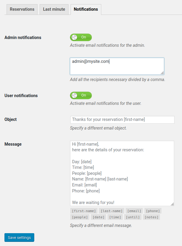 Admin and user email settings