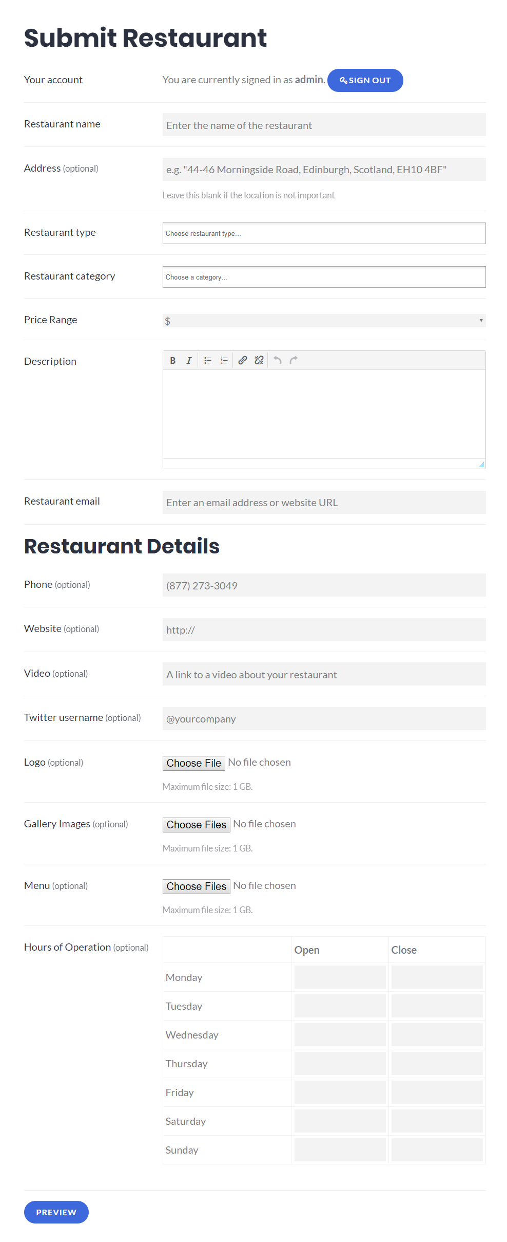 The submit restaurant form.