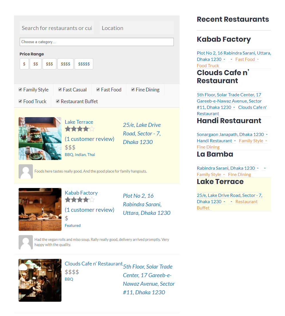 Restaurant Listings and filters.