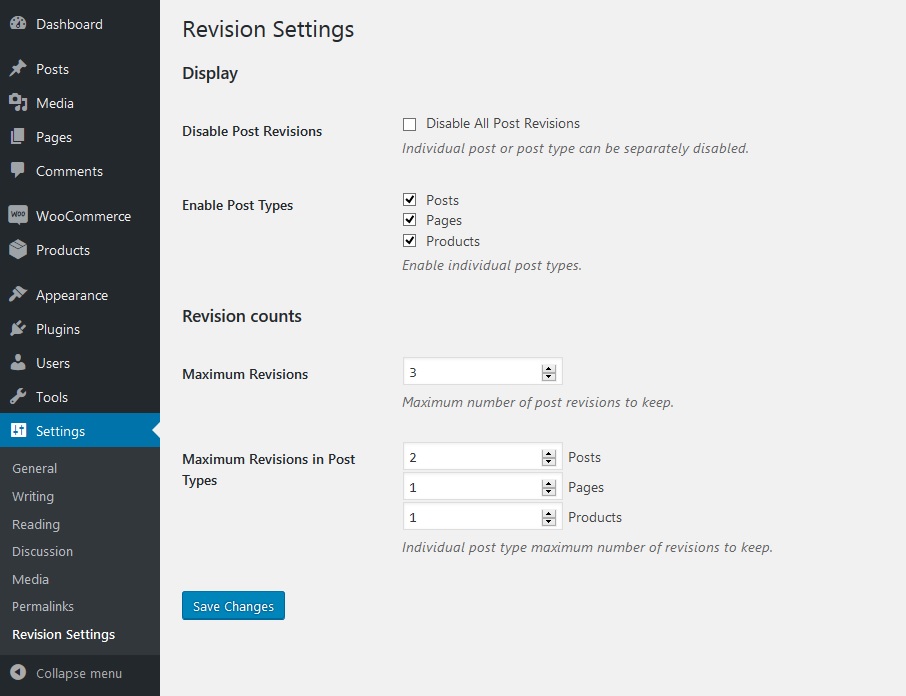 WP Revision Master global settings
