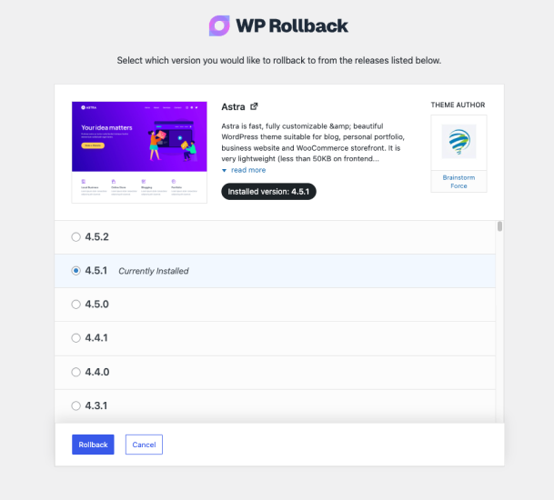 The theme Rollback version selection page works exactly like the plugins page.