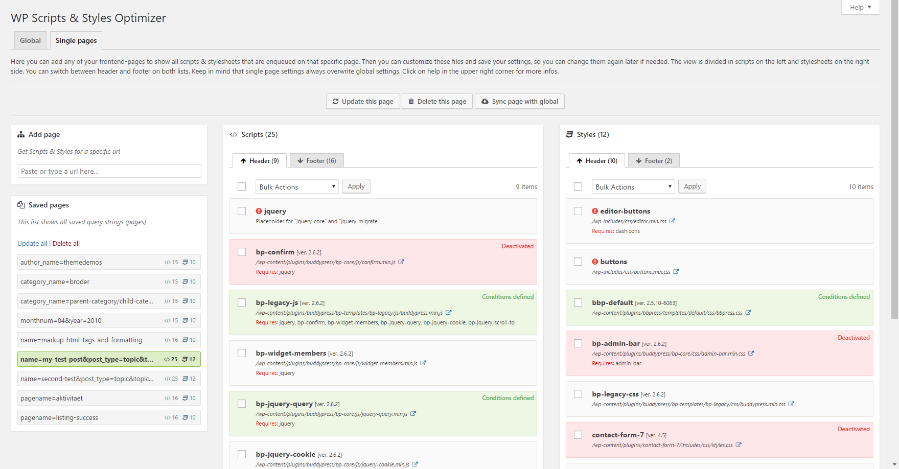 Overview of single page scripts and styles.