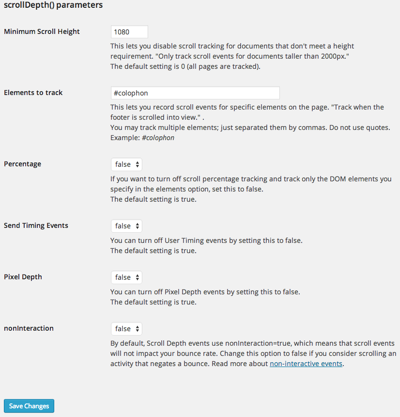 The WP Scroll Depth admin panel.