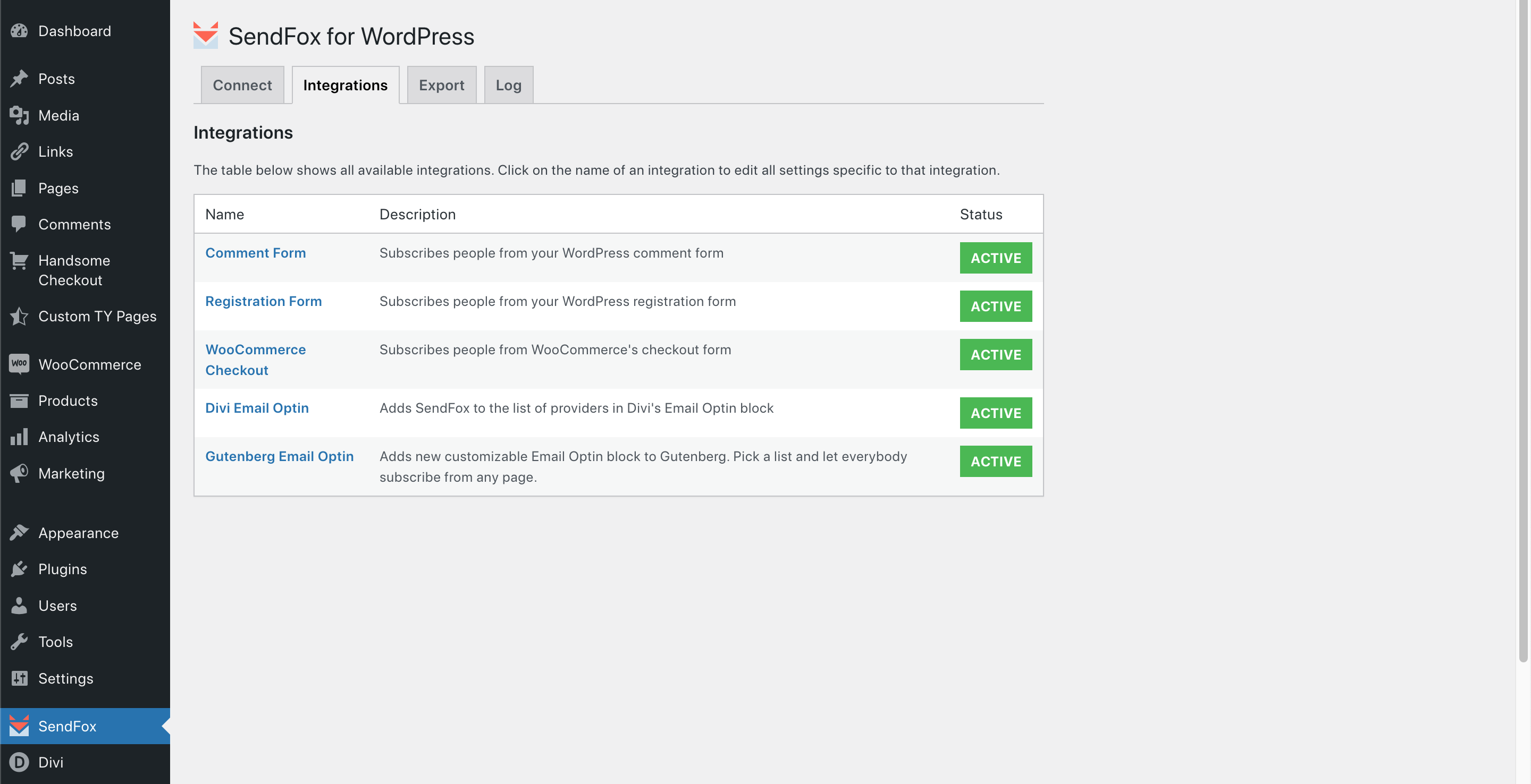 Integrations screen. List of all available integrations.