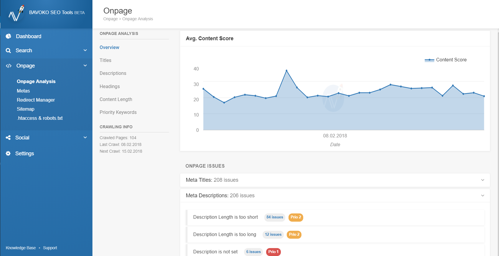 Onpage Analysis - Analyze all important SEO aspects for your content in different charts and tables