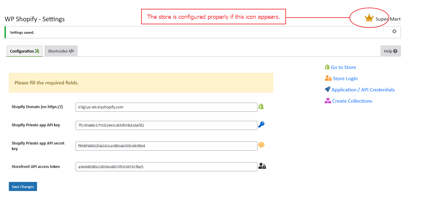 Fill the required fields to configure the Shopify store with the WP Shopify plugin.