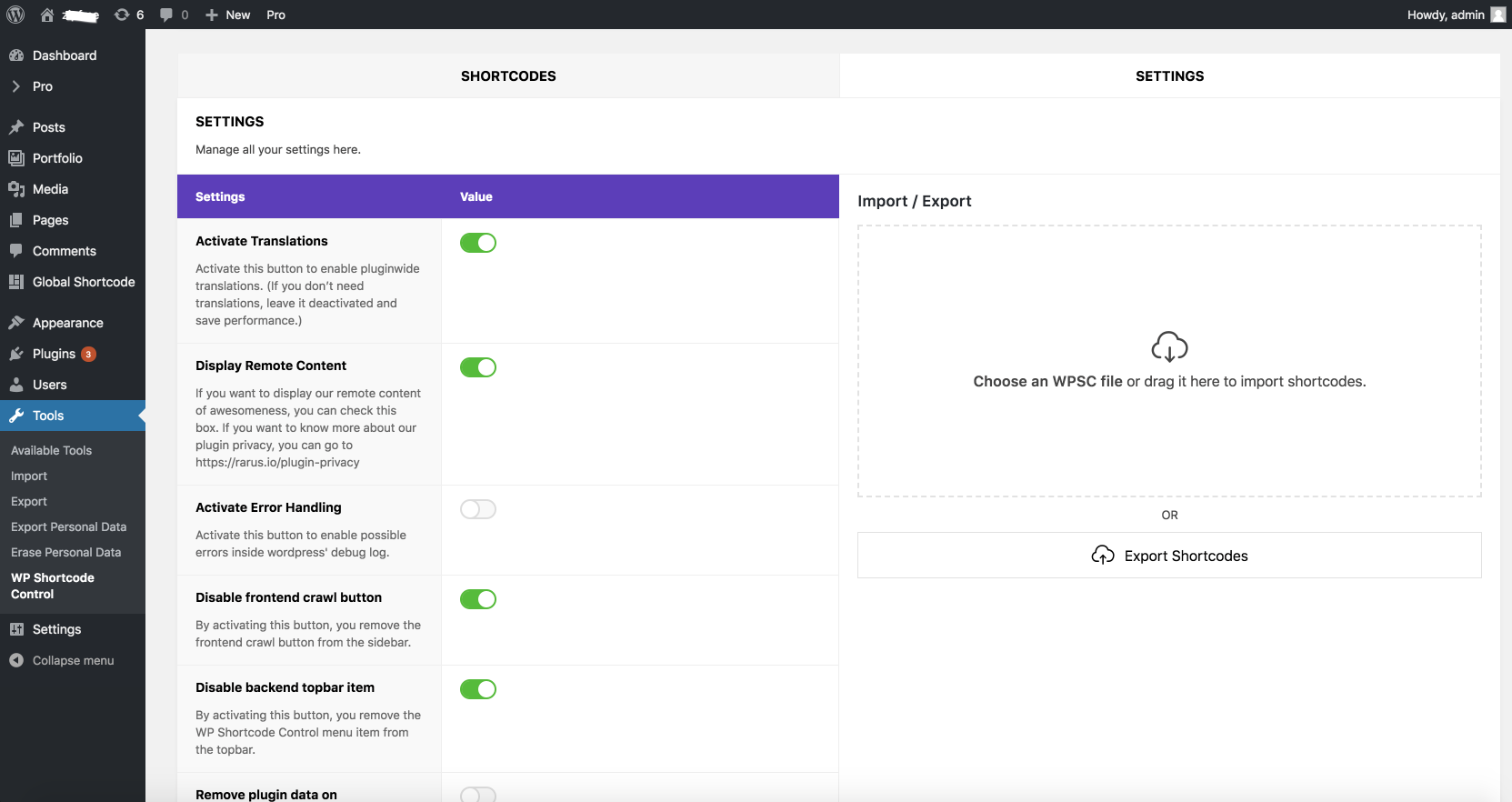 The settings tab of WP Shortcode Control