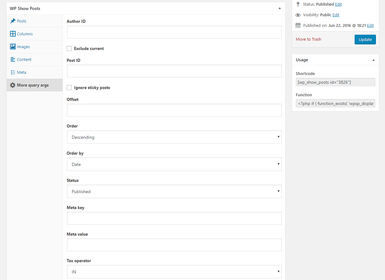 The "More query ars" settings tab.