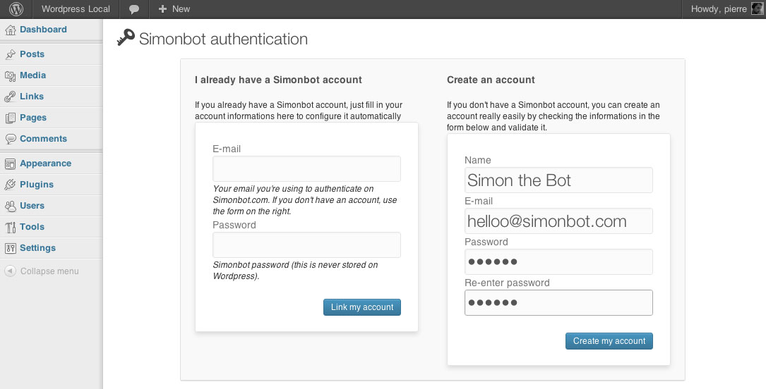 Easy setup : Enter your Simonbot login & password, or Create an account and validate