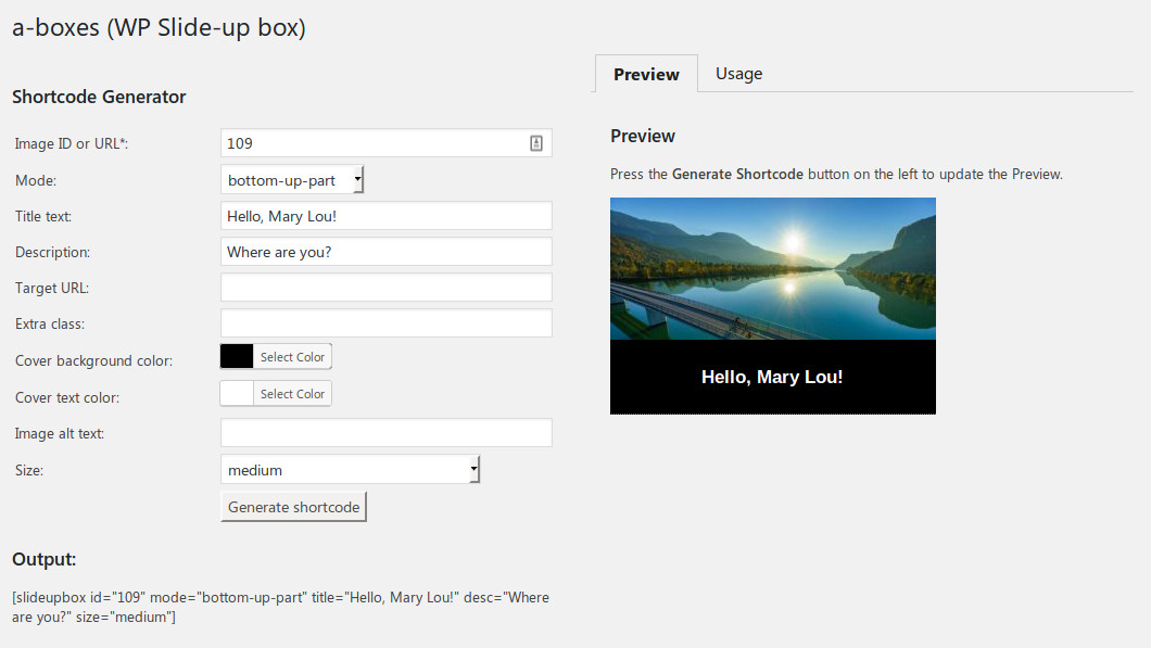 Shortcode generator with visual preview