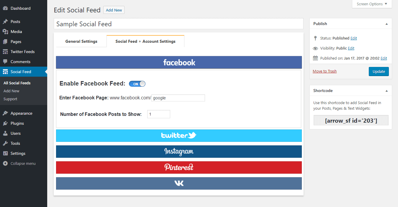 Social Feed Accounts Settings