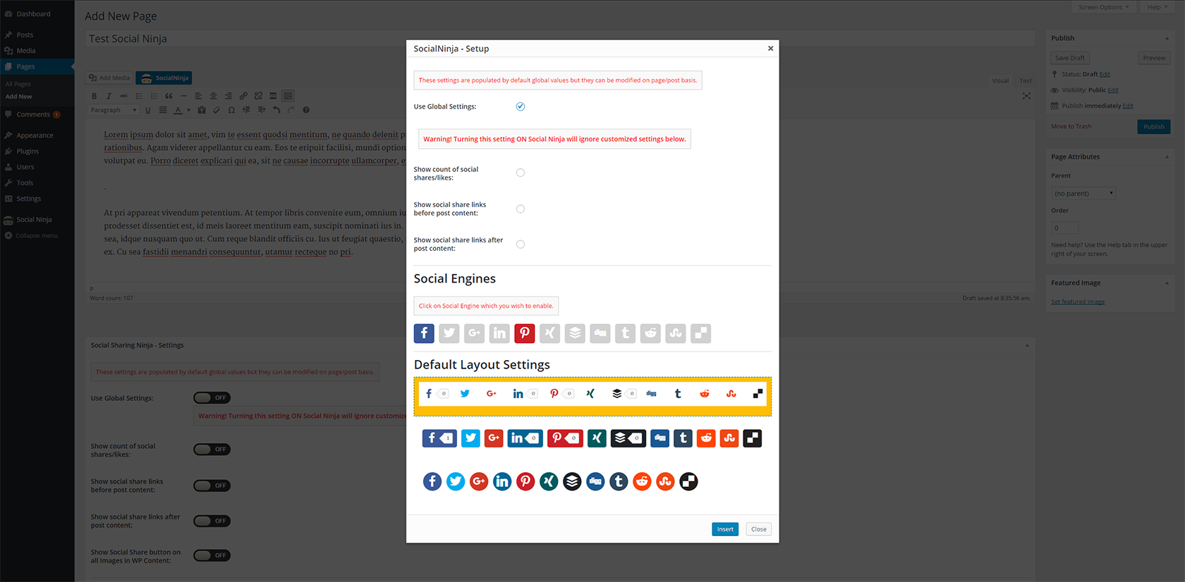Setup your social sharing settings for shortcode by using dialog options.