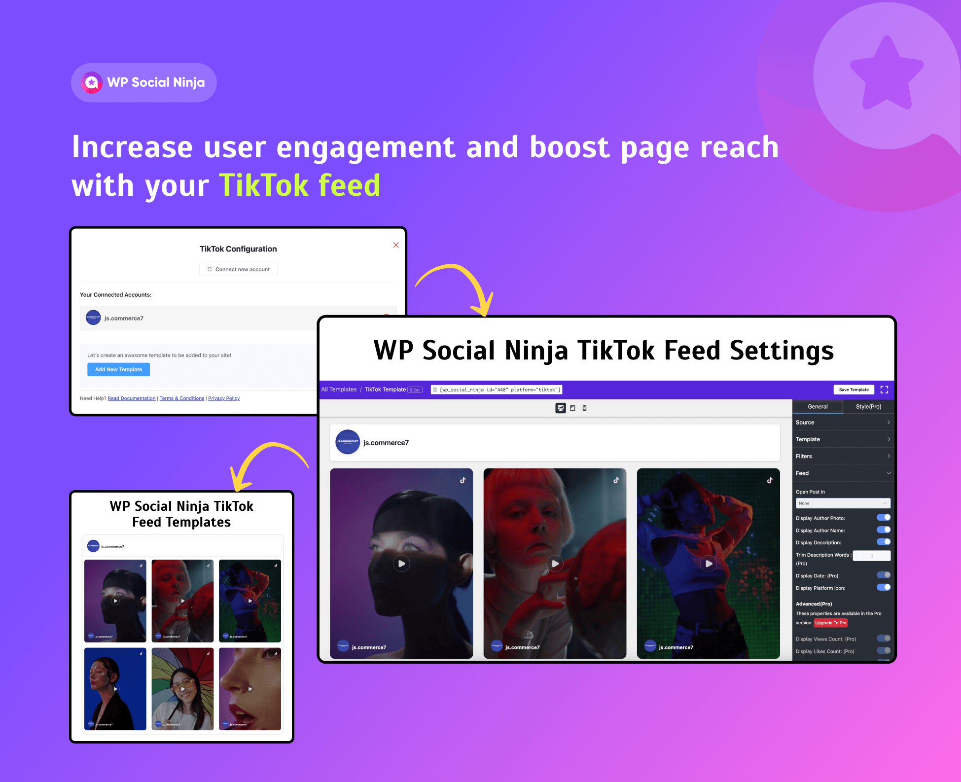 Connect multiple accounts to display your TikTok content and display with stylish templates