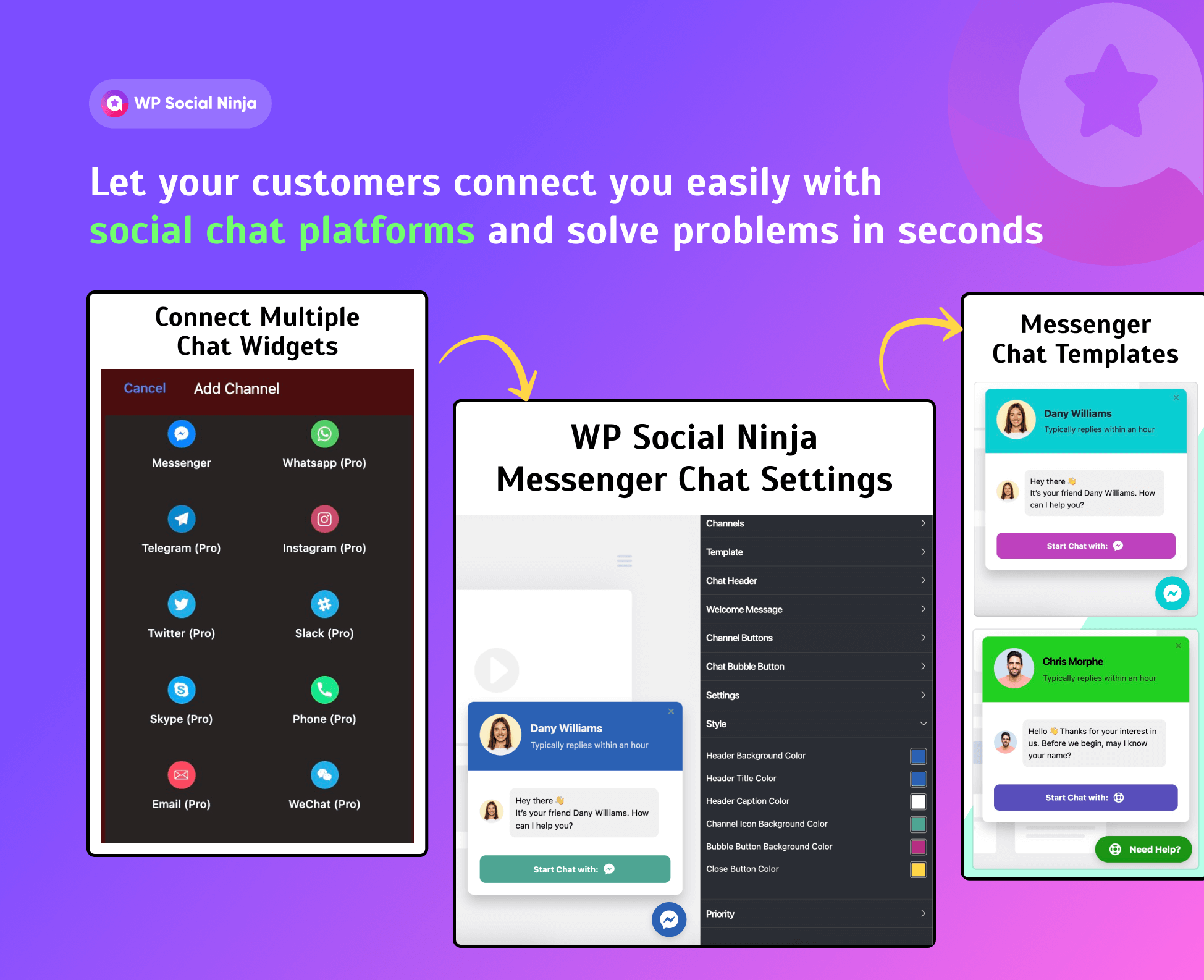 Customize your chat widget templates like Messenger chat widget (free) and others with your own style and according to your website