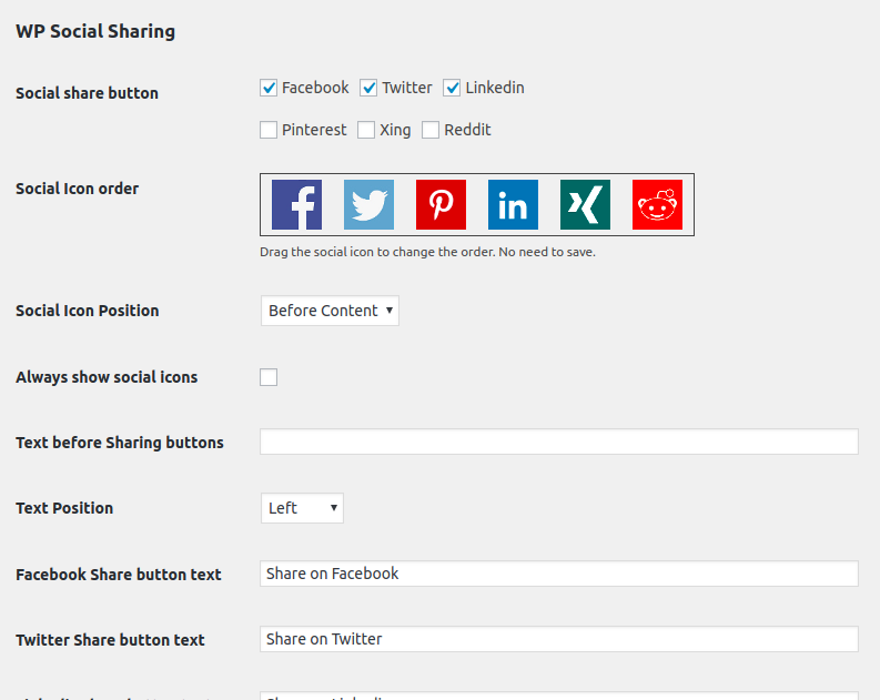 WP Social Sharing Admin Panel