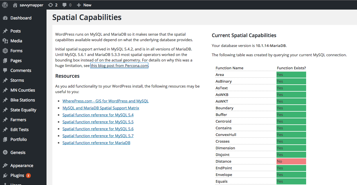 WP Spatial Capabilities Check shows an easy to read table listing spatial