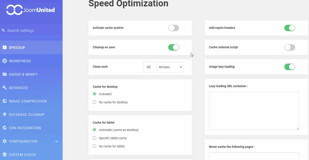 Main dashboard of the plugin with speed optimization check