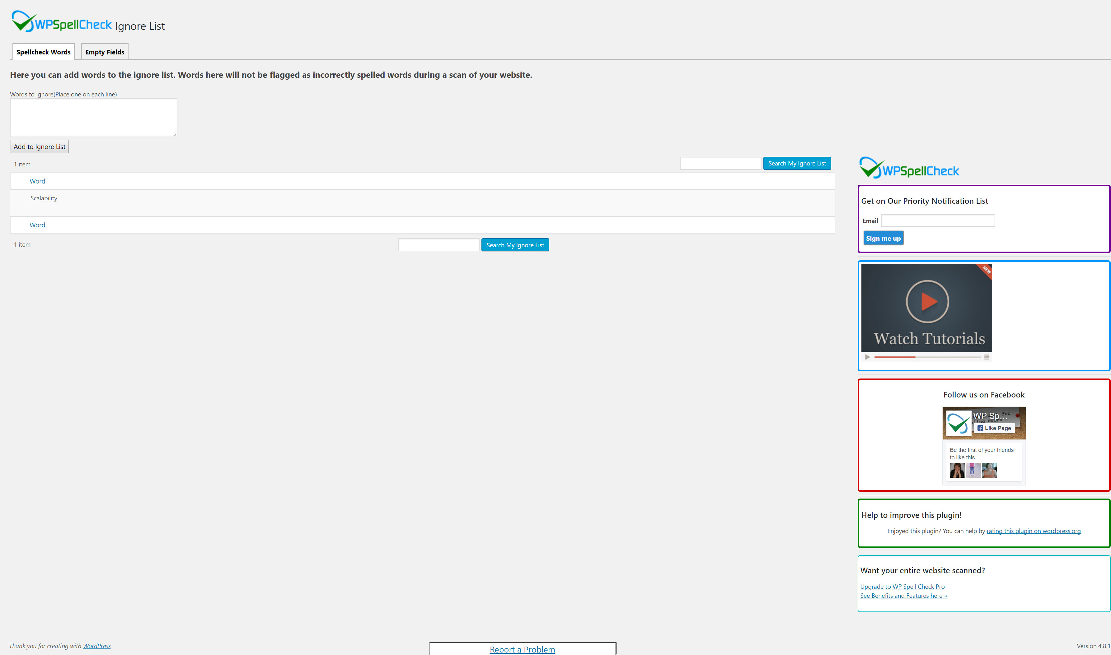 The WP Spell Check Spelling Errors Scan Results Page