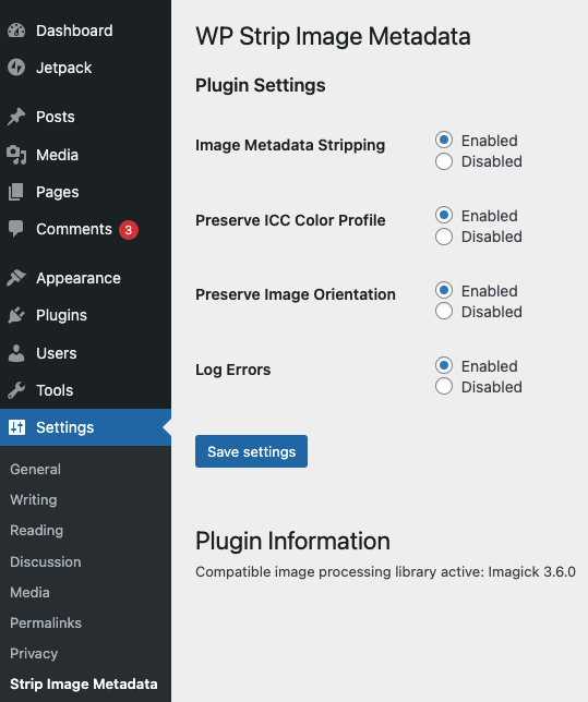 Plugin settings page