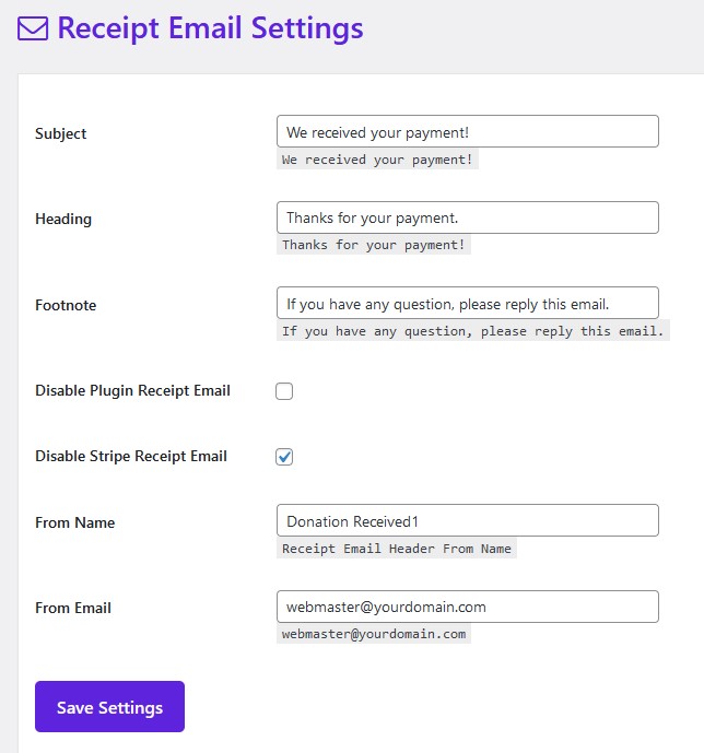 Customizable Receipt Email Seetings Panel