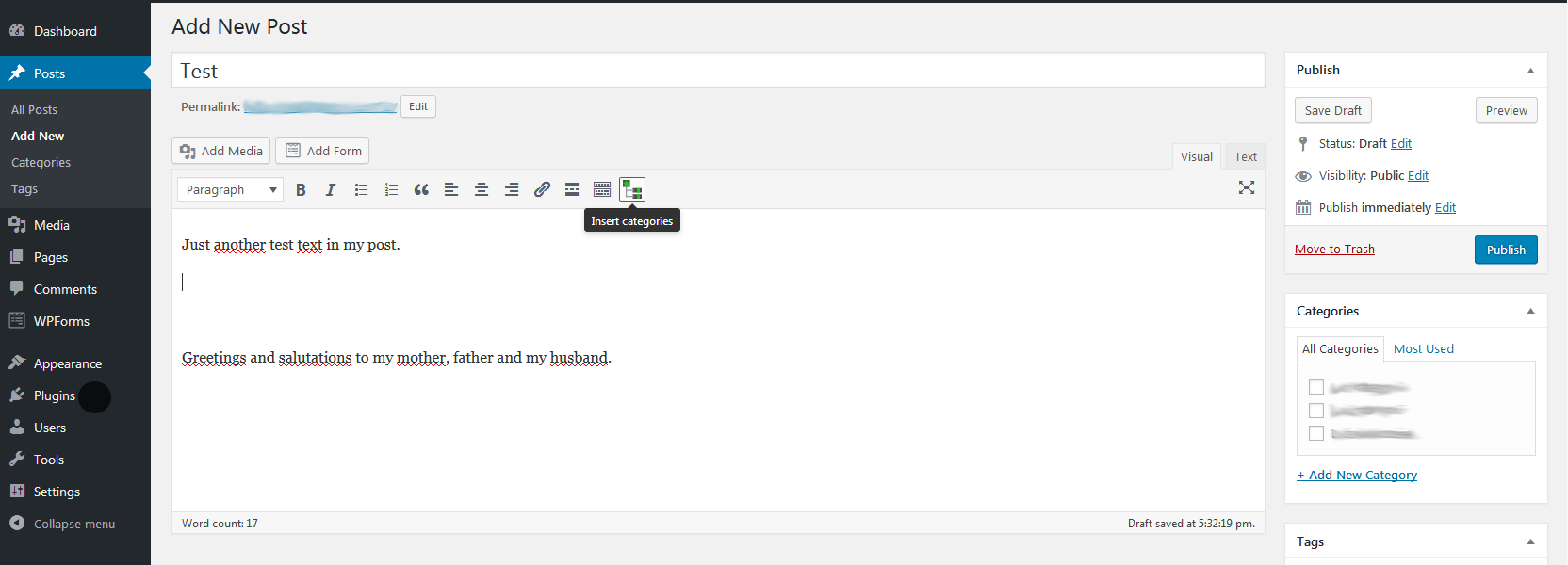 In post editor you can click "Insert categories" button.