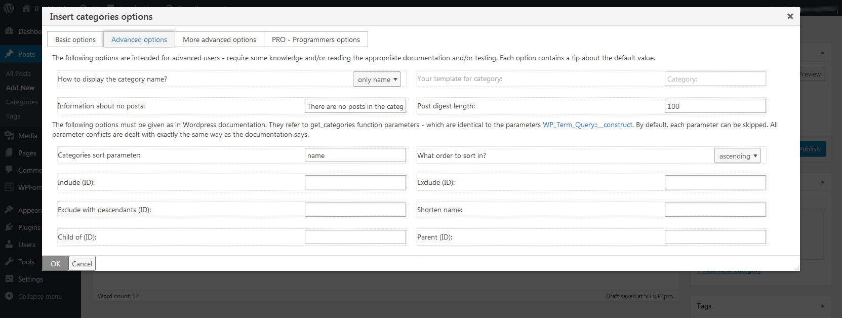 Advanced options of plugin.