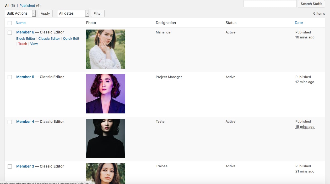 The staffs in dashboard